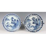 Two Chinese blue and white export porcelain circular warming plates, late Qianlong period, each