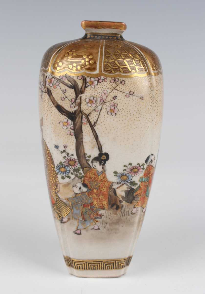 A pair of Japanese Satsuma earthenware vases by Kozan, Meiji period, each of rounded square tapering - Image 13 of 23