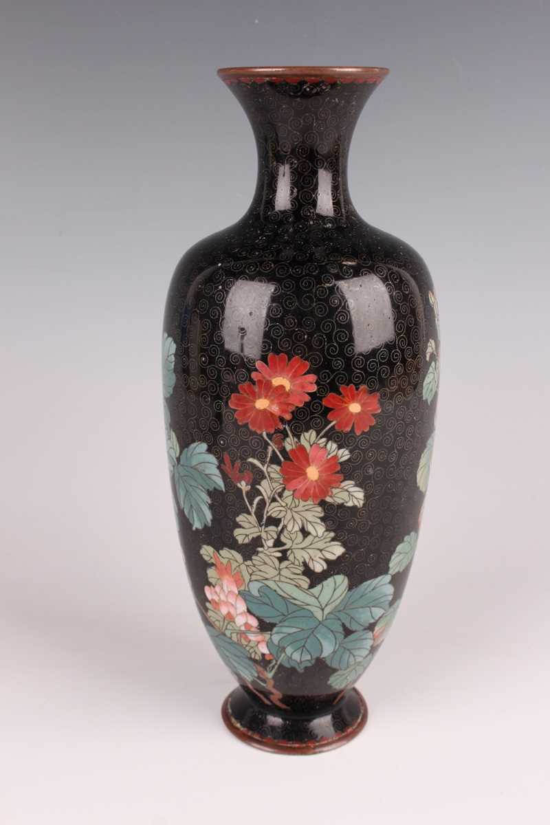 A pair of Japanese cloisonné vases, Meiji period, each elongated ovoid body decorated with flowering - Image 14 of 19