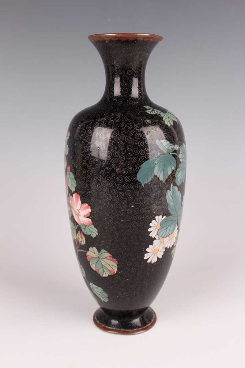 A pair of Japanese cloisonné vases, Meiji period, each elongated ovoid body decorated with flowering - Image 12 of 19