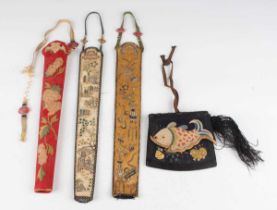 A group of three Chinese silk embroidered fan cases, late Qing dynasty, one worked in coloured