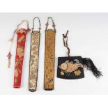 A group of three Chinese silk embroidered fan cases, late Qing dynasty, one worked in coloured