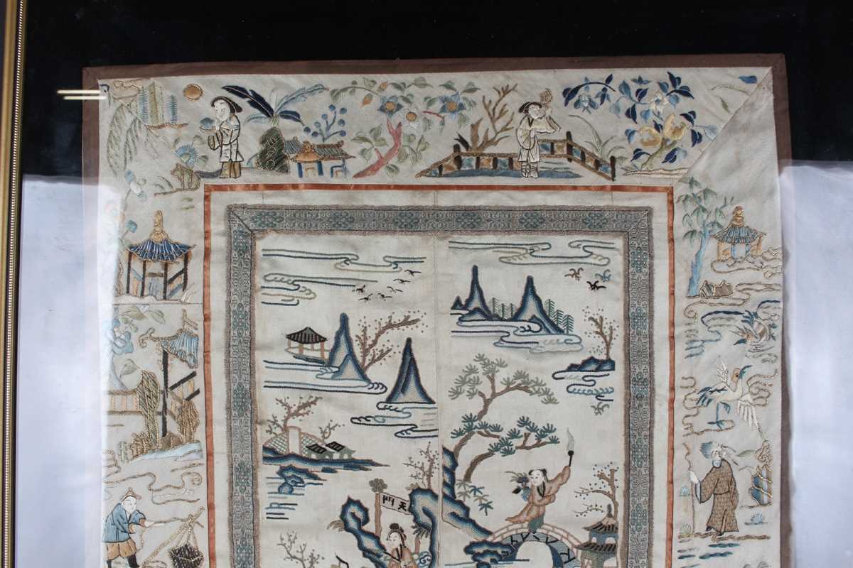 A Chinese embroidered cream silk sleeve panel, late Qing dynasty, each panel stitched together, - Image 2 of 19