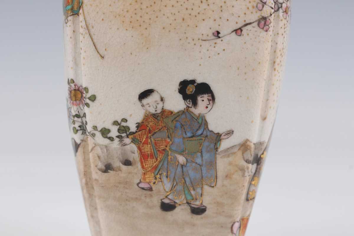 A pair of Japanese Satsuma earthenware vases by Kozan, Meiji period, each of rounded square tapering - Image 19 of 23