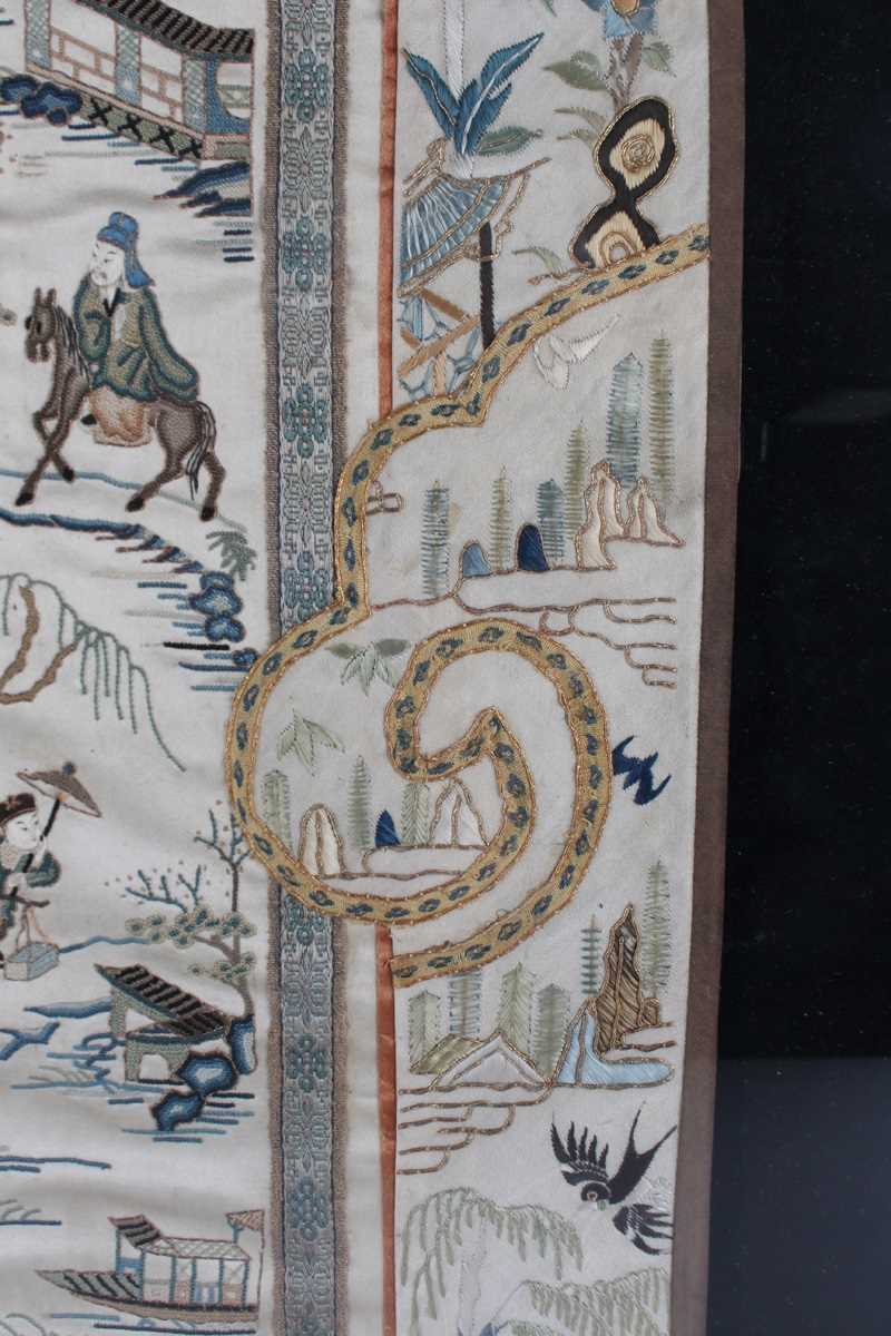 A Chinese embroidered cream silk sleeve panel, late Qing dynasty, each panel stitched together, - Image 13 of 19