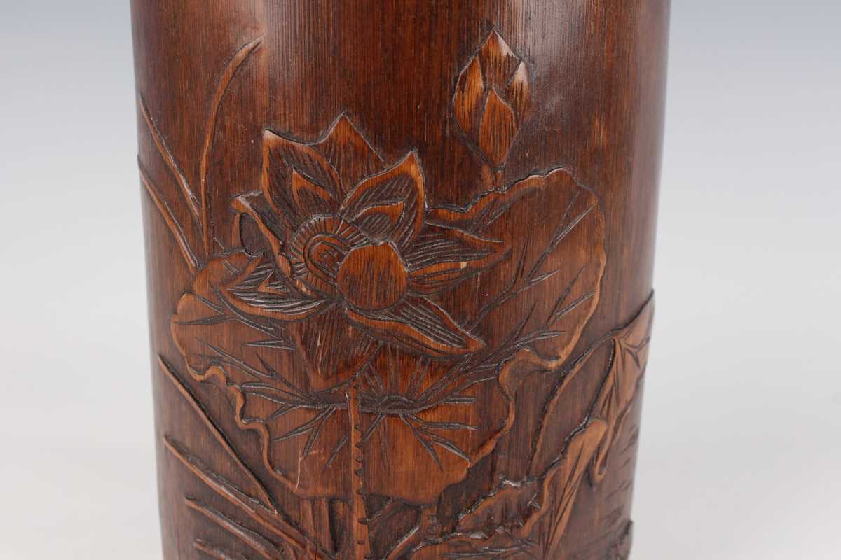 A Chinese bamboo brushpot, 20th century, the exterior carved in low relief with lotus opposing - Image 5 of 10