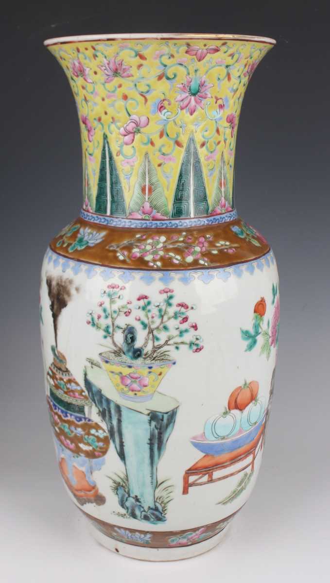 A pair of Chinese famille rose porcelain vases, late 19th century, each swollen cylindrical body - Image 22 of 39