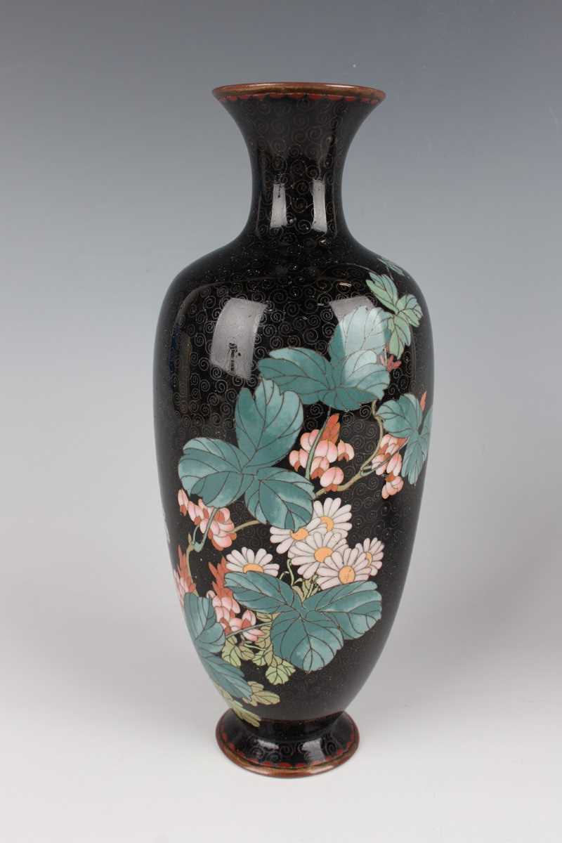 A pair of Japanese cloisonné vases, Meiji period, each elongated ovoid body decorated with flowering - Image 2 of 19