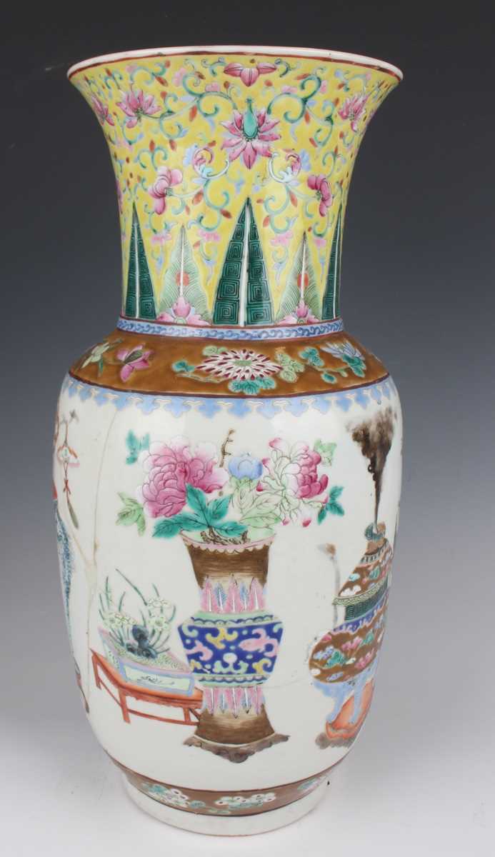 A pair of Chinese famille rose porcelain vases, late 19th century, each swollen cylindrical body - Image 20 of 39