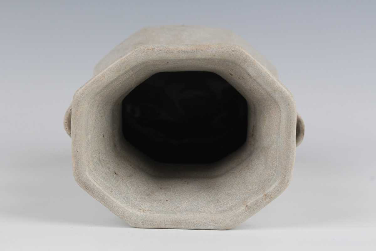 A Chinese Guan-type hu shaped vase, probably Qing dynasty, of octagonal baluster form with tubular - Image 5 of 7