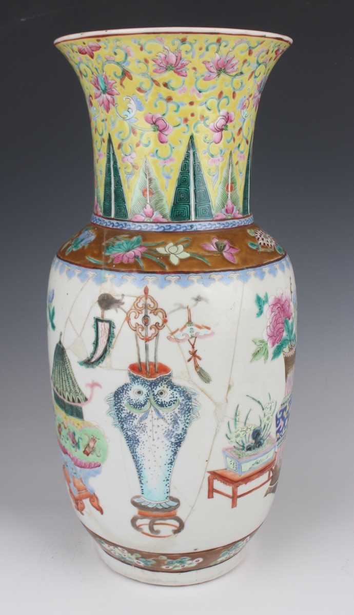 A pair of Chinese famille rose porcelain vases, late 19th century, each swollen cylindrical body - Image 25 of 39