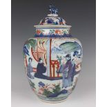 A Chinese wucai porcelain jar and cover, Transitional style but later, of stout ovoid form,