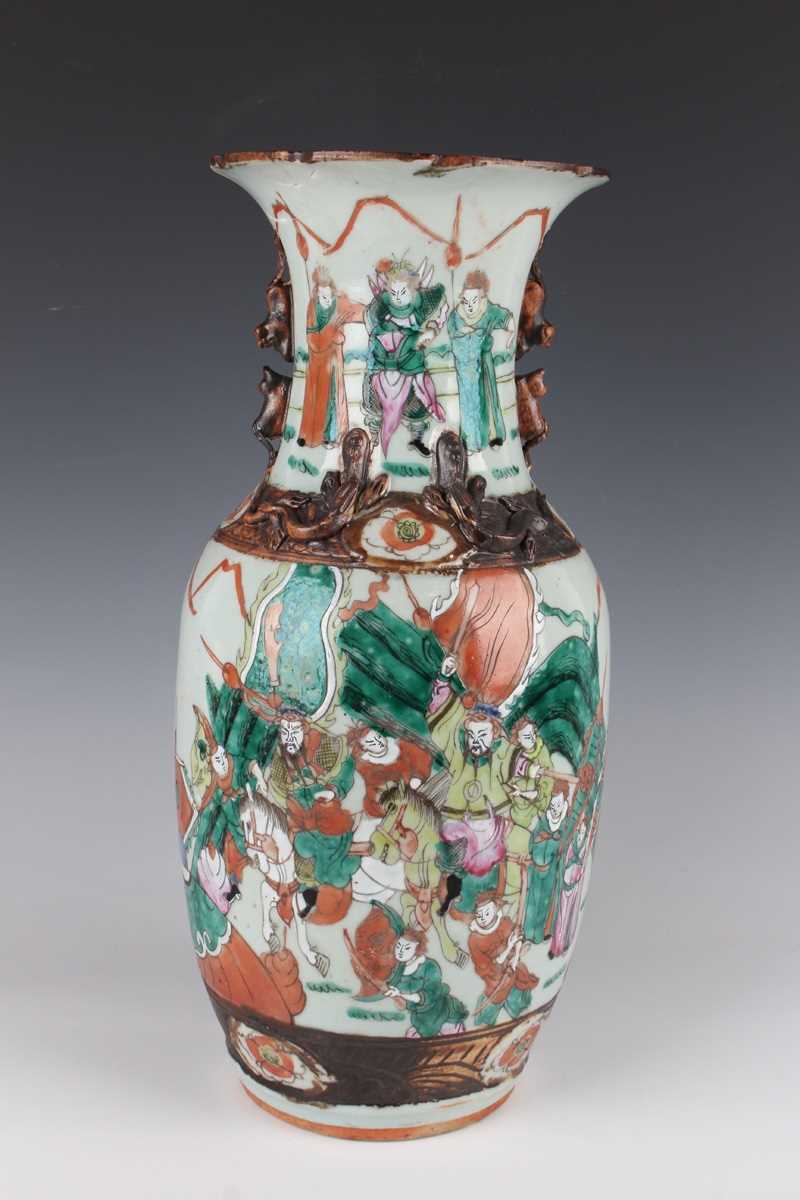 A pair of Chinese famille verte decorated porcelain vases, early 20th century, each ovoid body and - Image 10 of 18