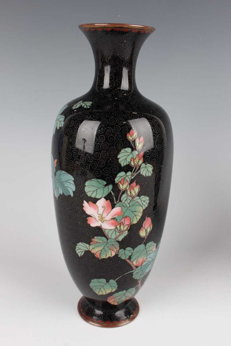 A pair of Japanese cloisonné vases, Meiji period, each elongated ovoid body decorated with flowering - Image 6 of 19