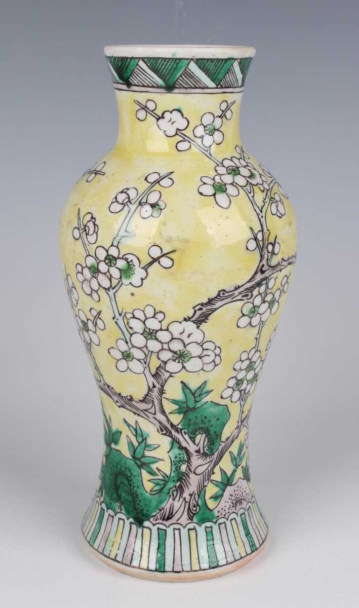 A pair of Chinese yellow ground porcelain vases, late Qing dynasty, of baluster form, decorated with - Image 9 of 33