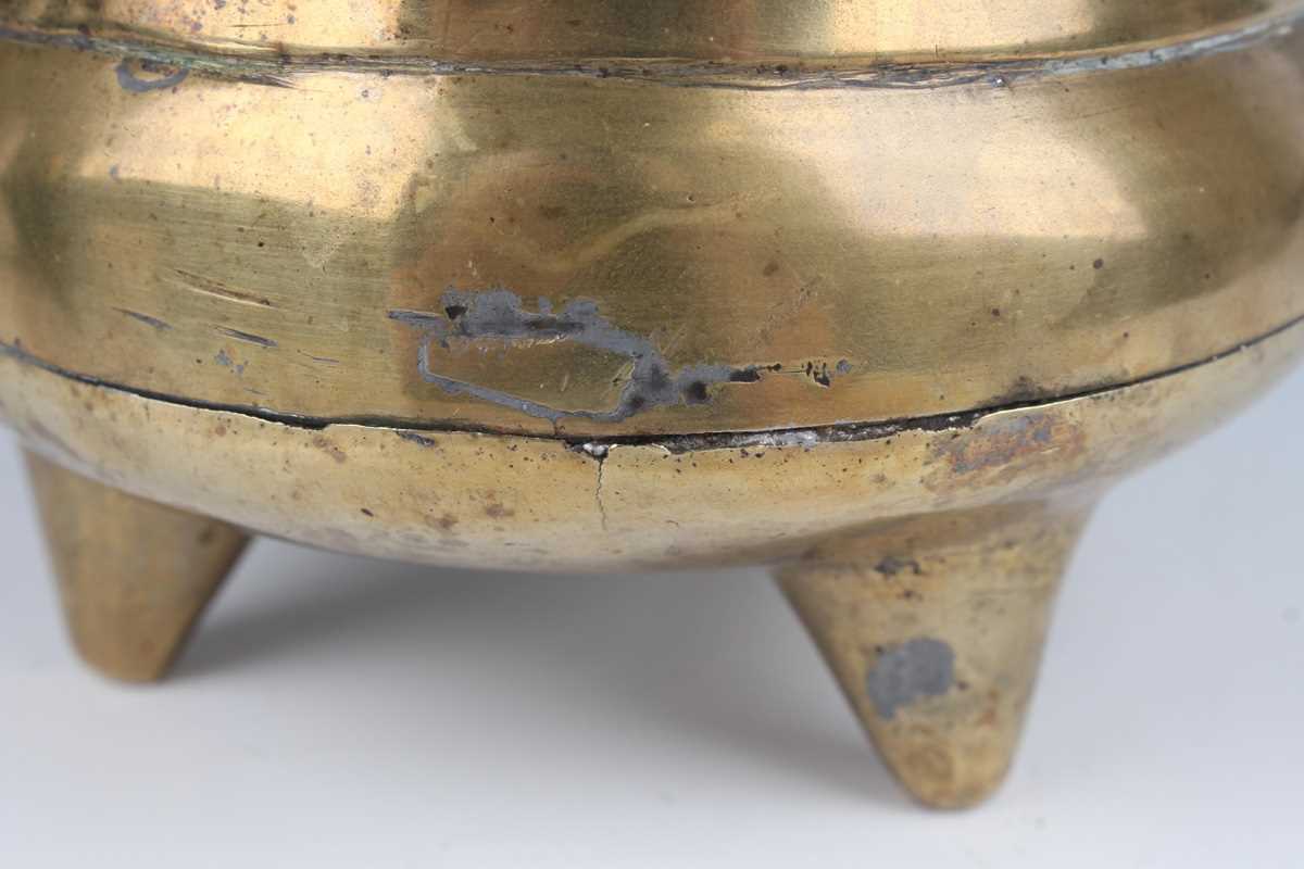 A Chinese brown patinated bronze tripod censer, Qing dynasty, of low-bellied circular form on - Image 14 of 14