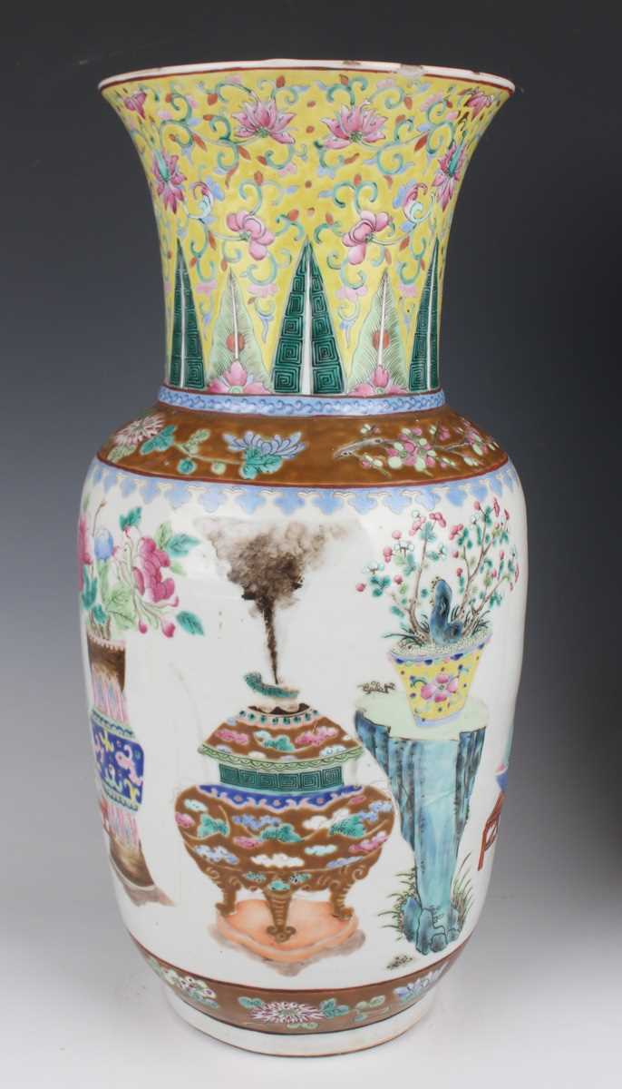 A pair of Chinese famille rose porcelain vases, late 19th century, each swollen cylindrical body - Image 6 of 39