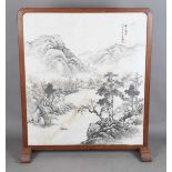 A large Chinese softwood framed screen, 20th century, inset with a watercolour painting depicting