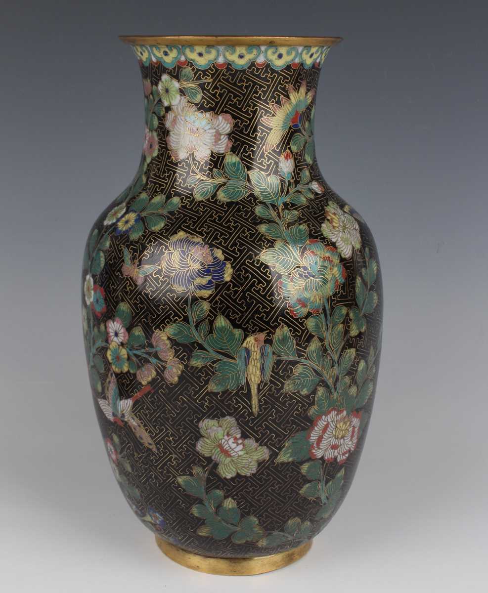 A Chinese cloisonné vase, late Qing dynasty, of swollen cylindrical form with flared neck, decorated - Image 3 of 15