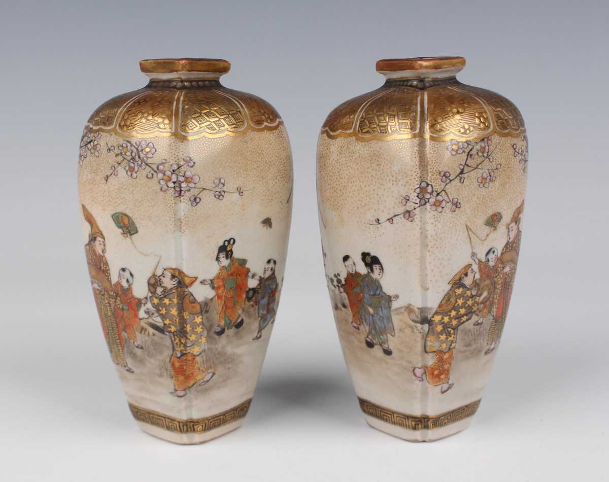 A pair of Japanese Satsuma earthenware vases by Kozan, Meiji period, each of rounded square tapering - Image 23 of 23