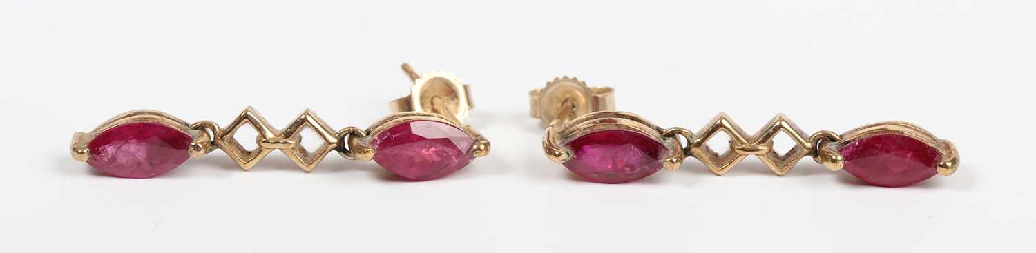 A pair of tanzanite, diamond and pink gem set cluster earrings, detailed ‘14K’, length 2.8cm, a - Image 2 of 4