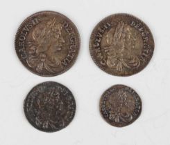 A group of four Charles II silver coins, comprising fourpence 1670, threepence 1674, twopence 1679