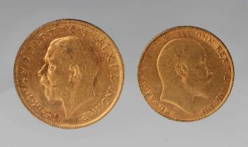 A George V sovereign 1914 and an Edward VII half-sovereign 1910.