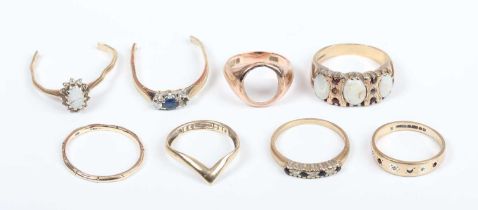 Eight 9ct gold rings, including some gem set, total weight 18.8g (faults).
