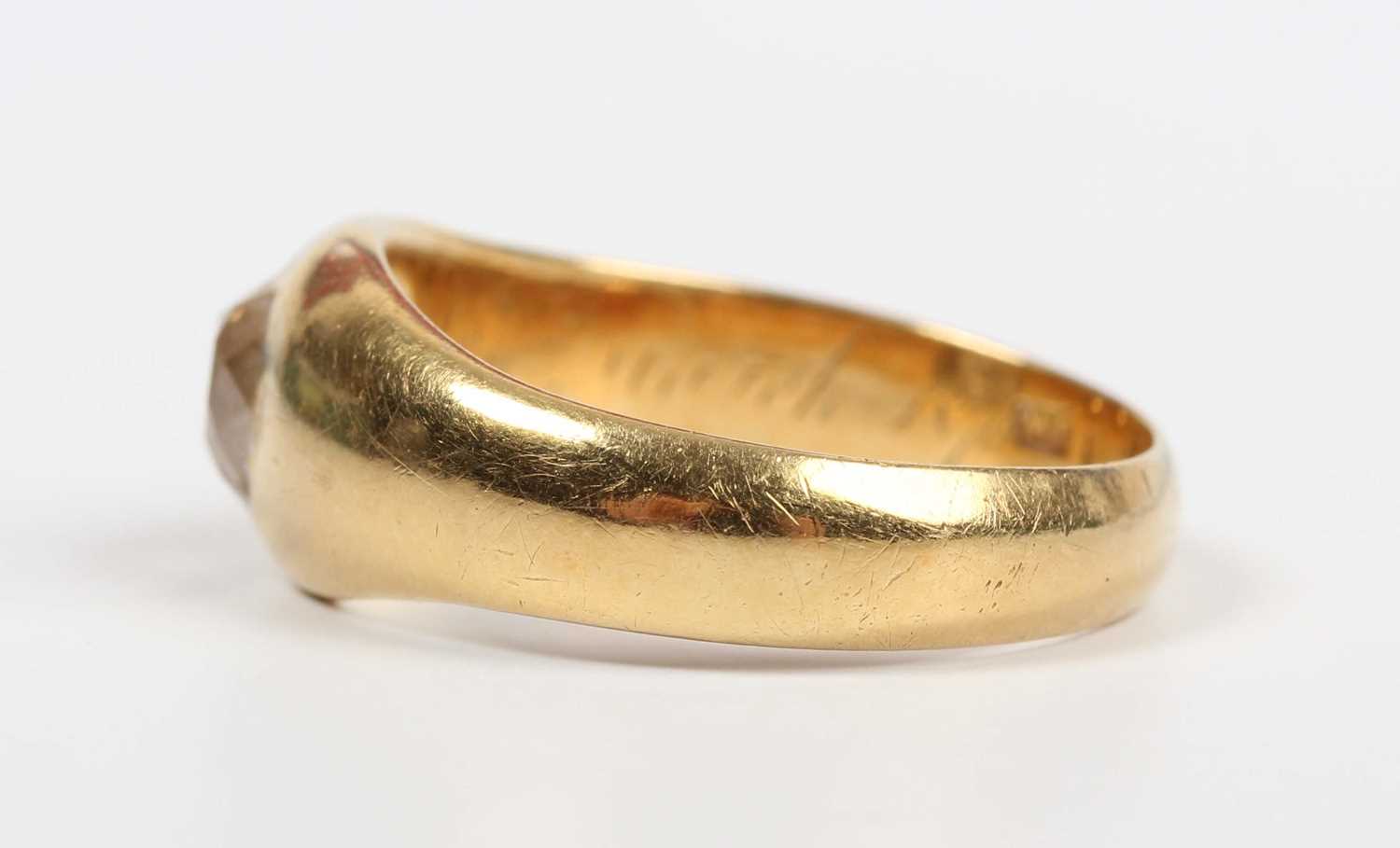 A gold and diamond single stone ring, gypsy set with an old cut diamond, traces of inscription - Image 3 of 5