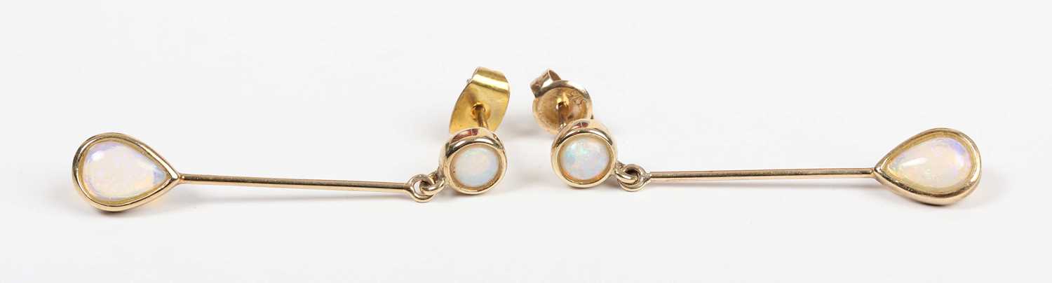 A pair of gold and opal two stone pendant earrings, detailed ‘9K’, weight excluding butterflies - Image 2 of 2