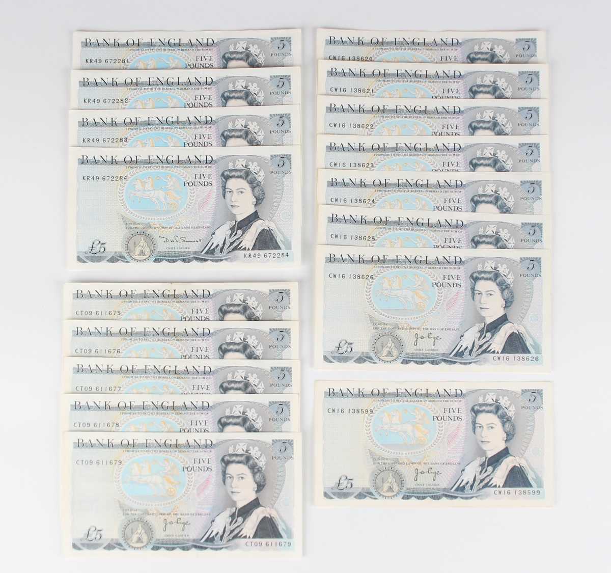 A group of seventeen Elizabeth II Bank of England five pounds notes, Chief Cashiers David Somerset