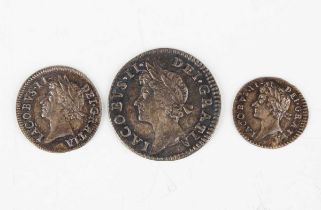 A group of three James II silver coins, comprising fourpence, twopence and penny, all 1686 (all