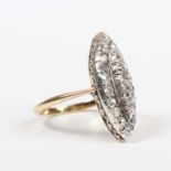 A gold, silver set and diamond marquise shaped cluster ring, circa 1900, mounted with old cut