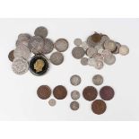 A collection of European and world coinage, including a James II sixpence 1687 and a group of USA