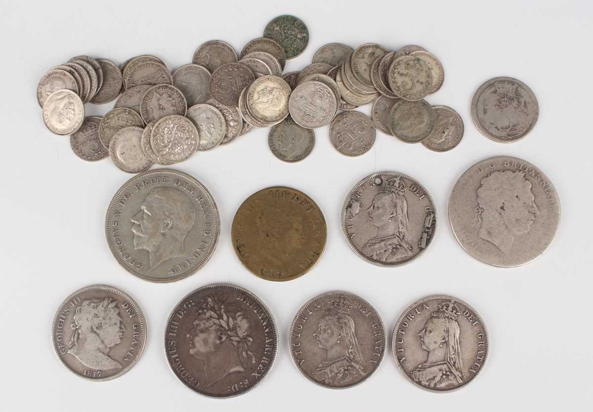 A small collection of British silver and silver nickel coinage, including a George IV crown 1821,