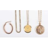 A 9ct gold box link neckchain on a boltring clasp, length 41cm, two 9ct gold zodiac pendants, each