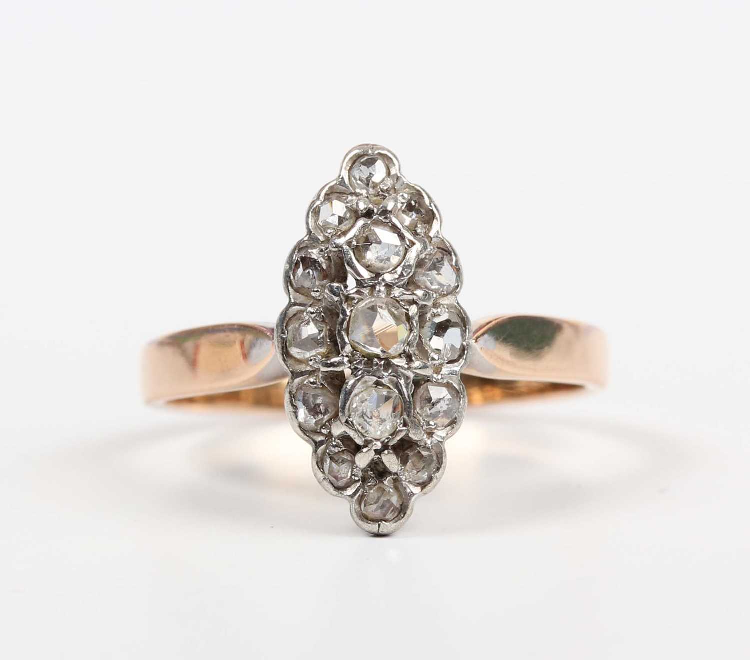 A French gold and diamond marquise shaped cluster ring, mounted with rose cut diamonds, weight 3.4g, - Image 2 of 5