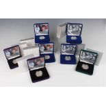 A group of seven Elizabeth II Royal Mint piedfort and other silver proof crown-size commemorative