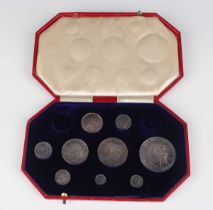 An Edward VII part specimen coin set 1902, comprising crown, half-crown, florin, shilling, sixpence,