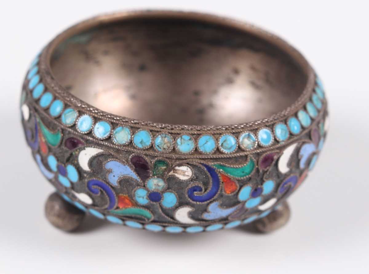 A pair of late 19th century Russian silver and cloisonné enamel circular salts, 84 zolotnik, each - Image 8 of 8