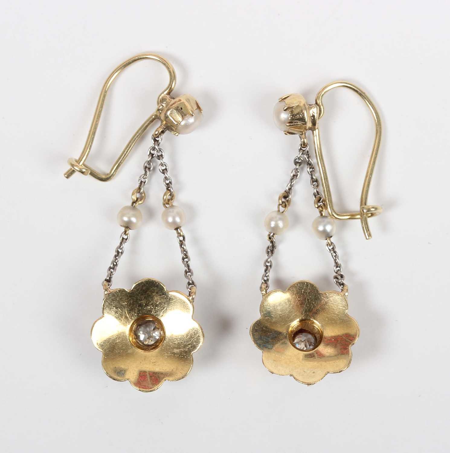 A pair of gold, diamond and half-pearl cluster pendant earrings, each drop mounted with an old cut - Image 2 of 2