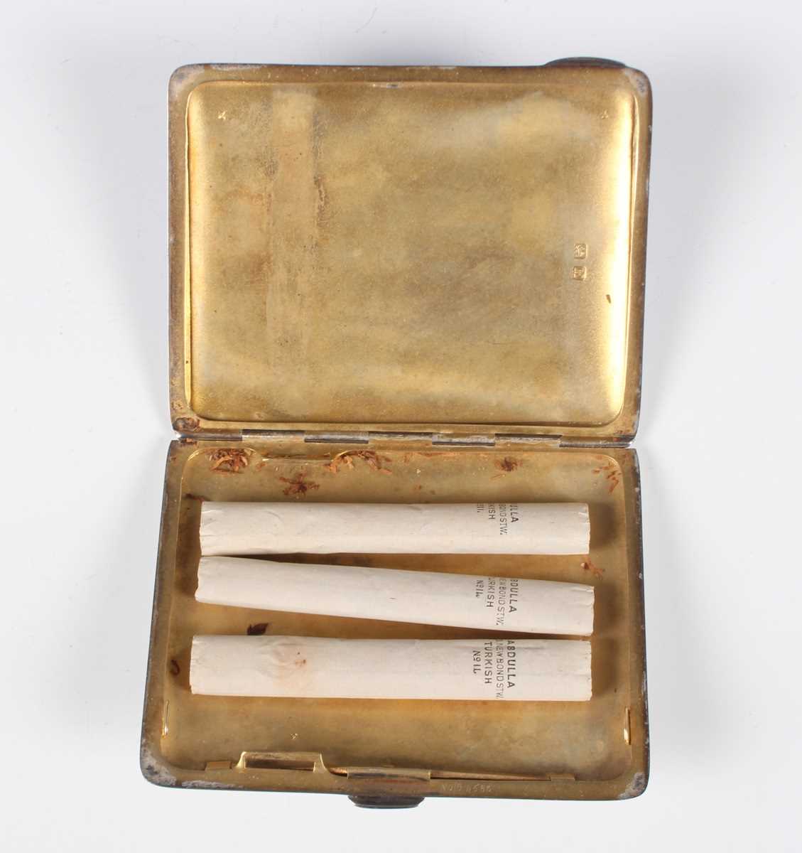 An Art Deco silver and pale blue enamelled rectangular cigarette case, Birmingham 1936 by Turner & - Image 3 of 8