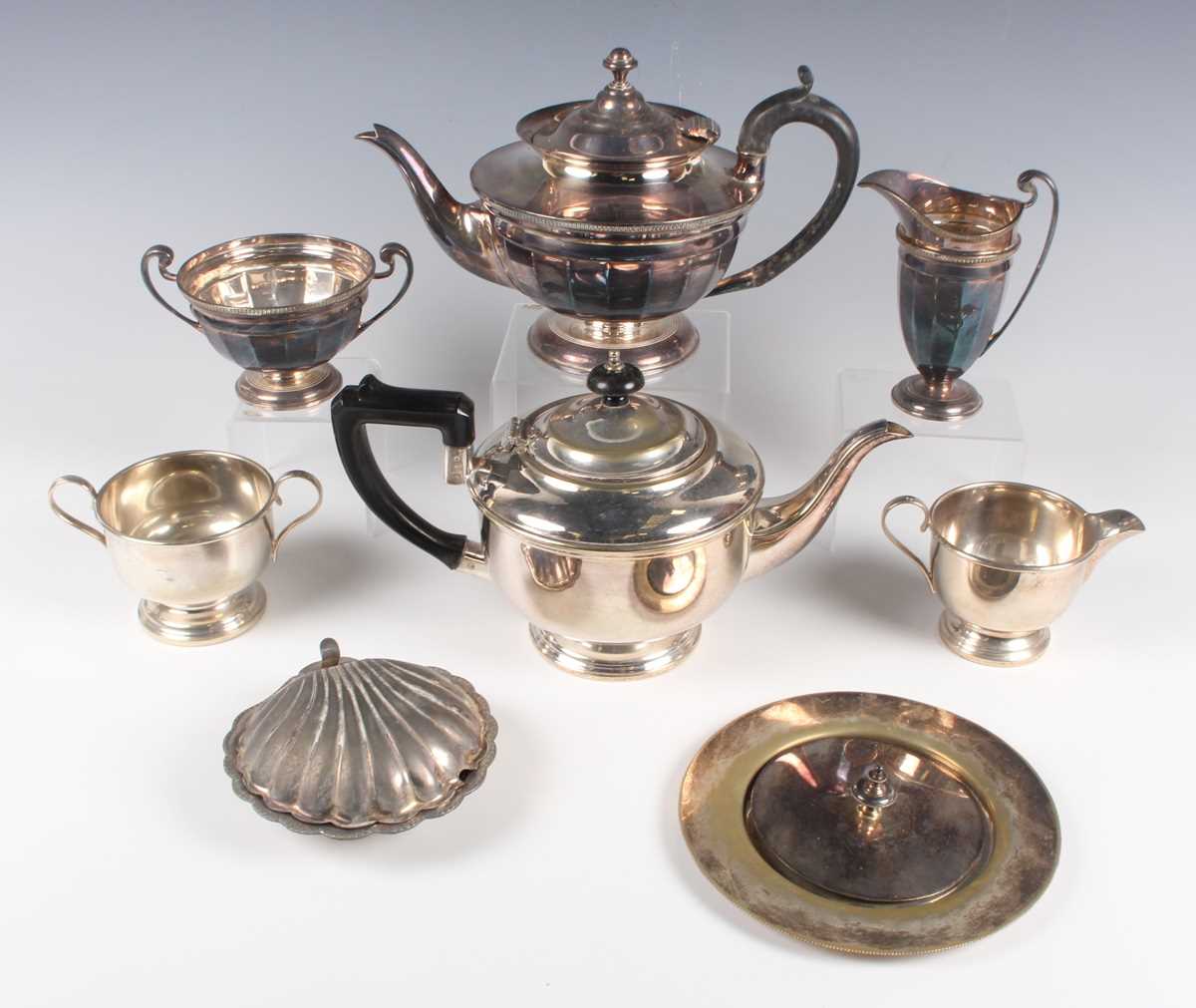 A group of plated items, including a swing-handled basket, two three-piece tea sets, a cocktail - Image 2 of 4