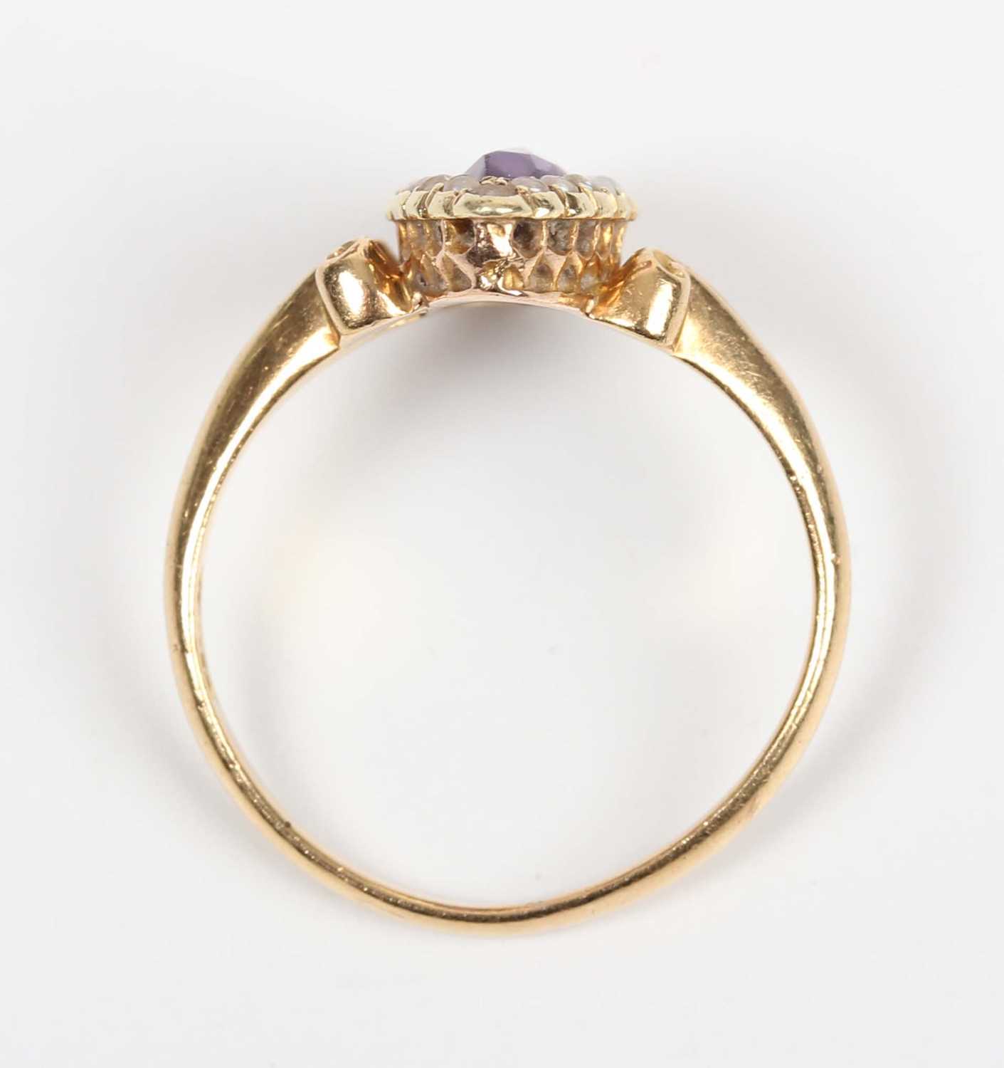 A gold, amethyst and seed pearl marquise shaped ring, mounted with the marquise shaped amethyst - Image 4 of 5