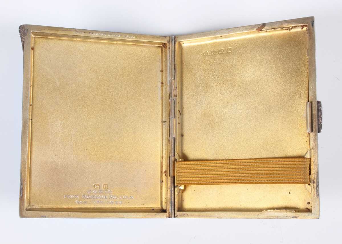 A George V silver and blue enamelled rectangular cigarette case with engine turned decoration, - Image 2 of 5