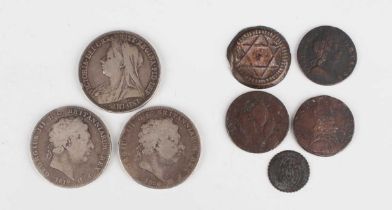 A small collection of coins and banknotes, including two George III crowns, 1819 and 1820, a