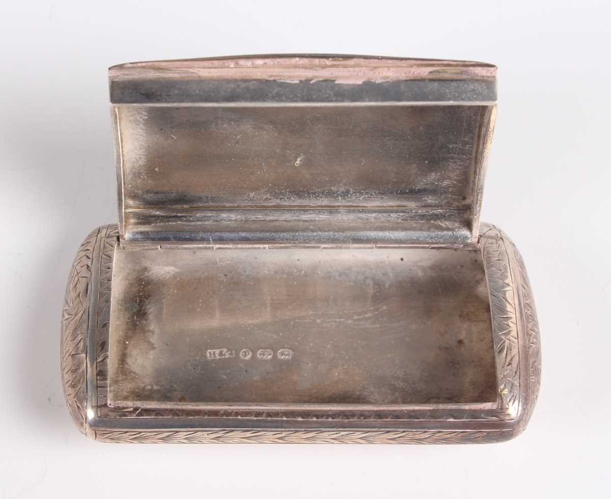 A Victorian silver snuff box of curved rectangular form, engraved with fern fronds, Birmingham - Image 3 of 14