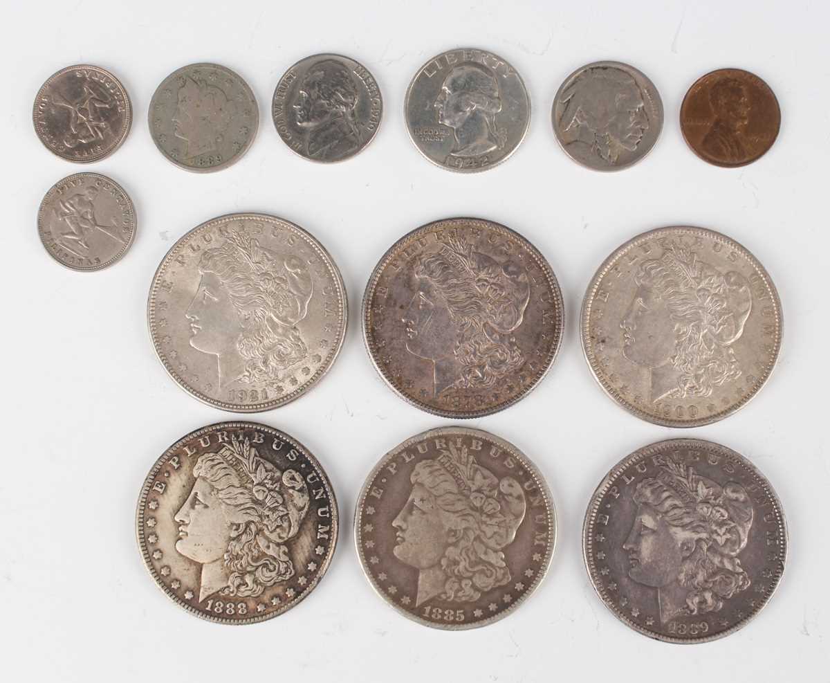 A group of six USA Morgan dollars, including 1878 San Francisco Mint, 1900 and 1921, together with a