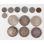 A group of six USA Morgan dollars, including 1878 San Francisco Mint, 1900 and 1921, together with a