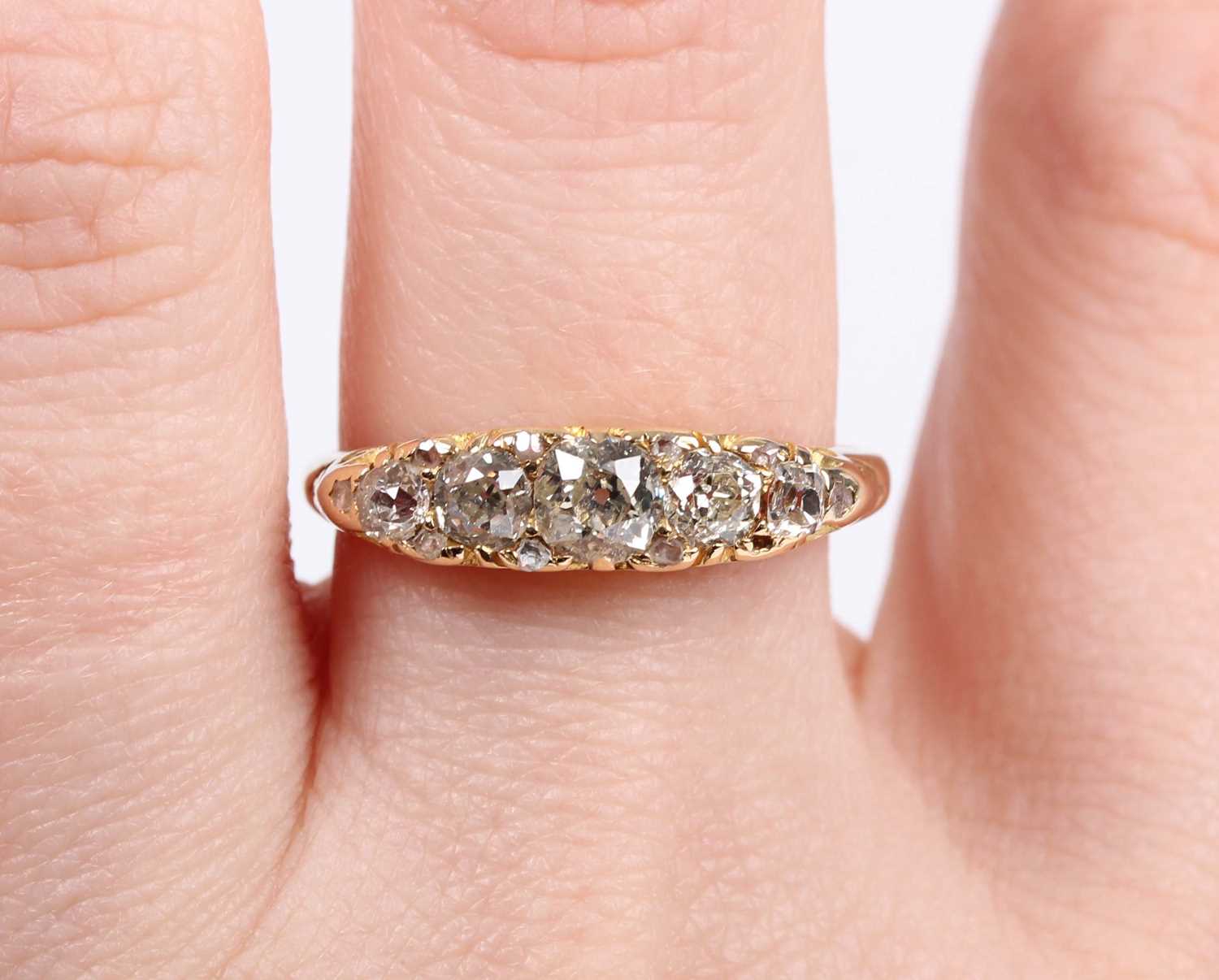 A gold and diamond five stone ring, mounted with a row of old cut diamonds graduating in size to the - Image 5 of 5